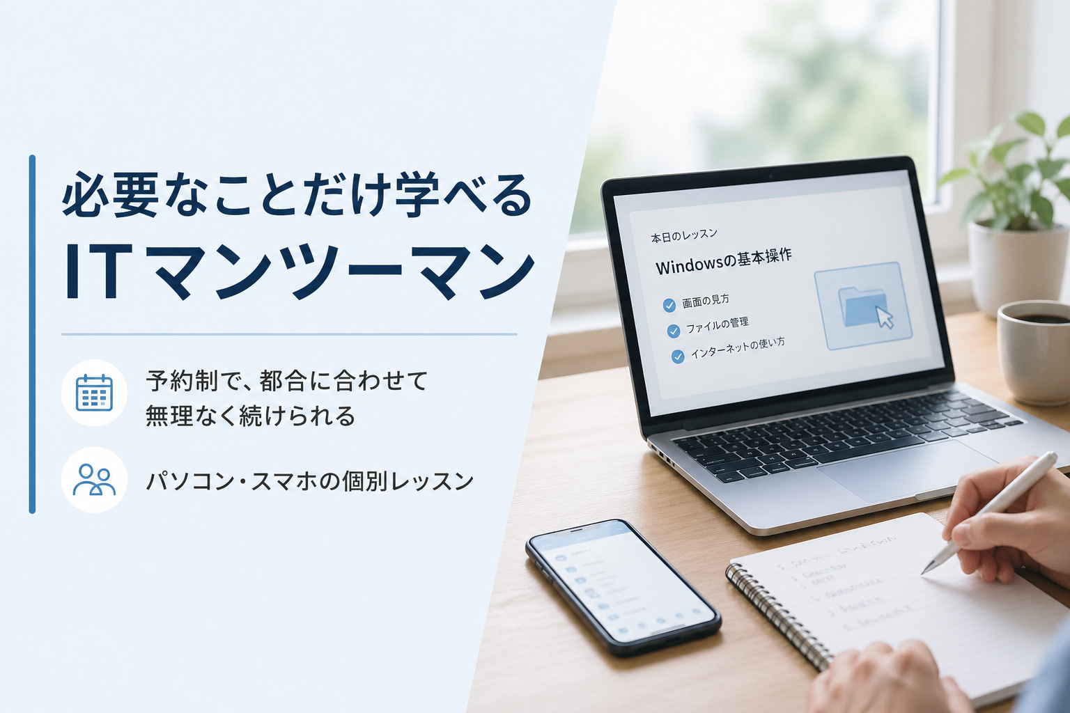 必要なことだけ学べるITマンツーマン｜自分のペースで続けやすいパソコン・スマホレッスン
